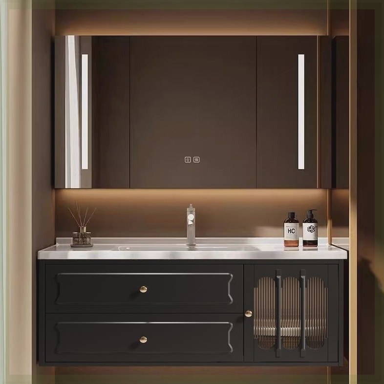 新款法式复古陶瓷一体盆浴室柜组合卫生间岩板无缝洗漱台洗手盆柜