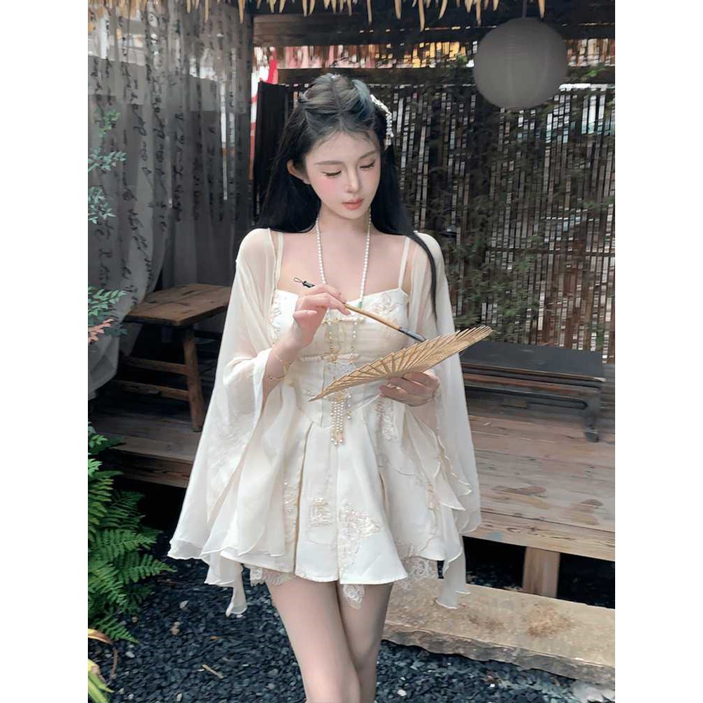 大码胖mm法式甜美风刺绣吊带开衫女装夏季巨收腰显瘦蓬蓬短裙套装