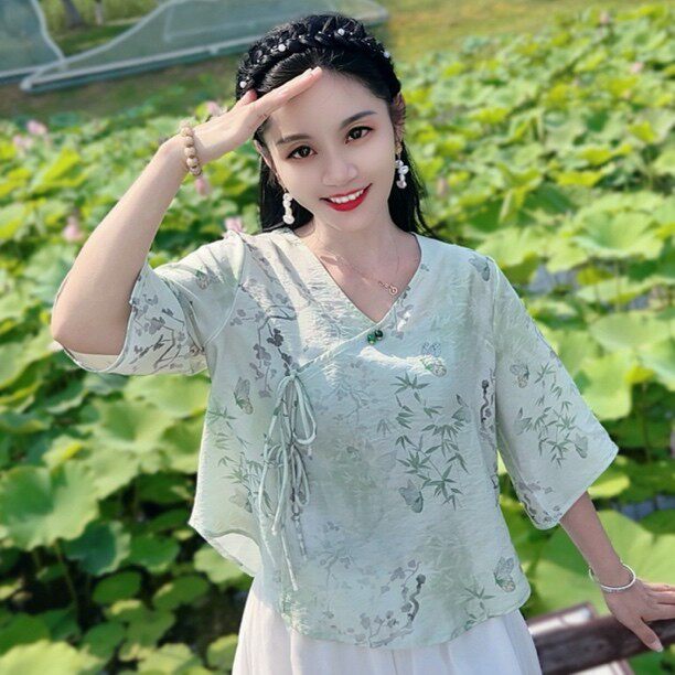 [梦蝶]夏季短版小衫文艺复古女装民国风学生茶服低领上衣中袖宽松