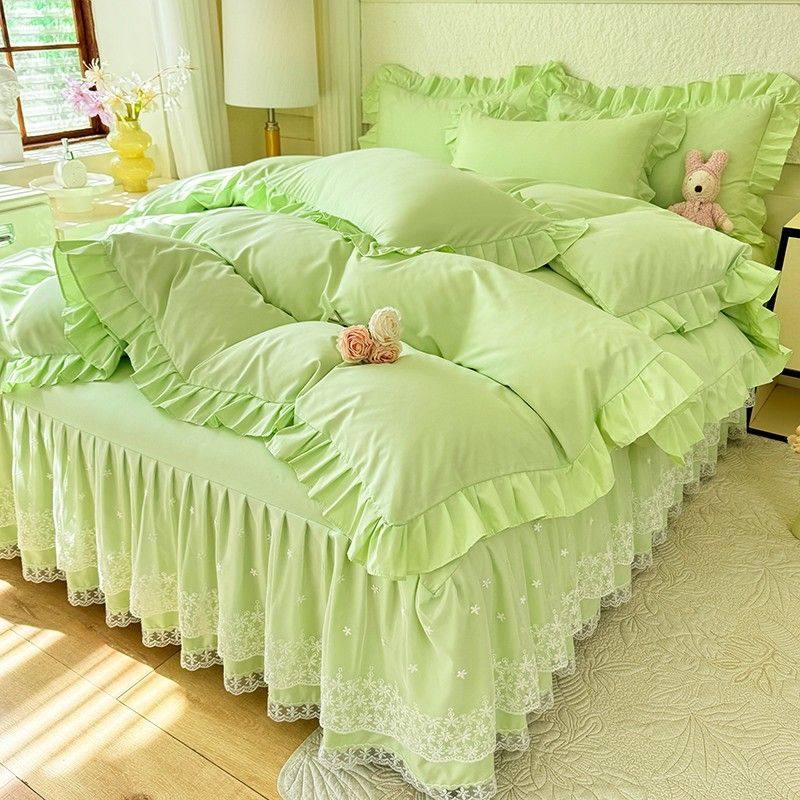 韩版公主风床裙四件套少女蕾丝花边被套水洗磨毛床单三件套床罩