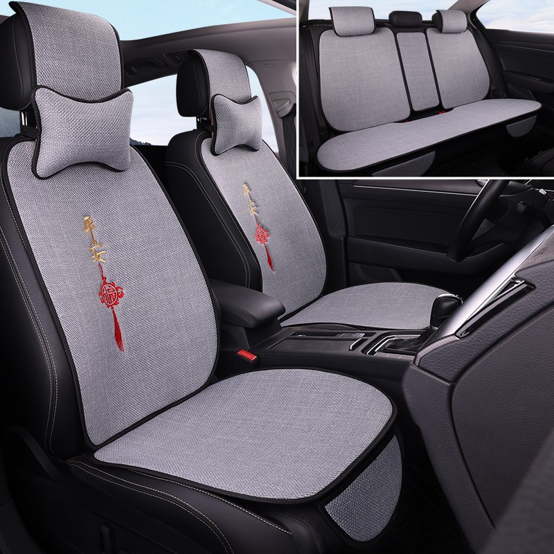 新款汽车坐垫四季通用单片全覆盖棉麻透气免绑简约防滑免绑座椅垫