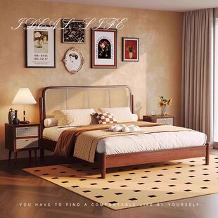 北欧藤编实木床1.8米双人藤床1.5米现代简约日式民宿家具侘寂风床