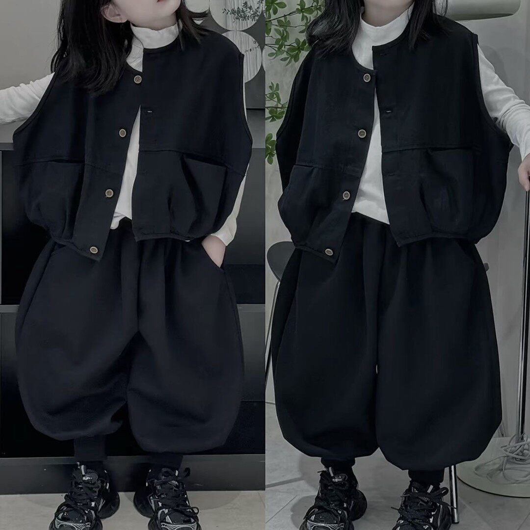 女童2024春秋新款套装男女宝宝韩版马甲洋气宝宝时尚萝卜裤两件套