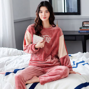 南极人法兰绒睡衣女秋冬季加厚加绒休闲套头保暖珊瑚绒套装可外穿