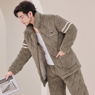 睡衣男款 秋冬季 三层夹棉珊瑚绒加绒加厚2024年新款 拉链家居服套装