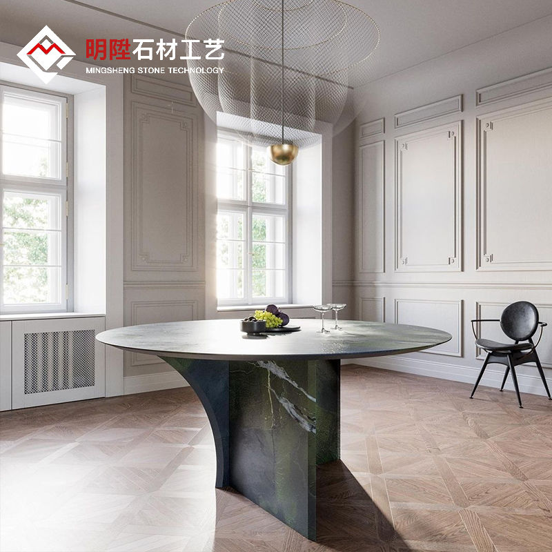 极简意式牛油果绿大理石定制简约圆形客厅创意网红款绿色餐桌