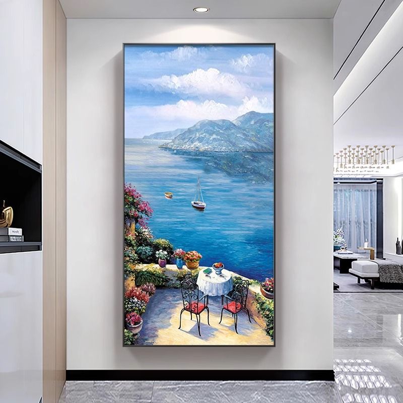 法式欧式玄关地中海油画走廊过道风景客厅竖版挂画大海装饰画图片