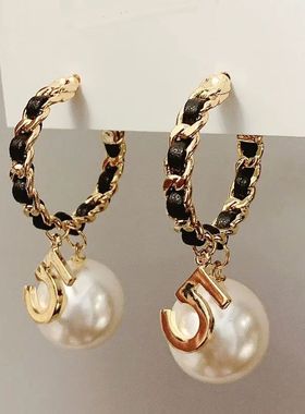 Luxury Vintage Number 5 Pearl Hoop Earrings Accessories Girl