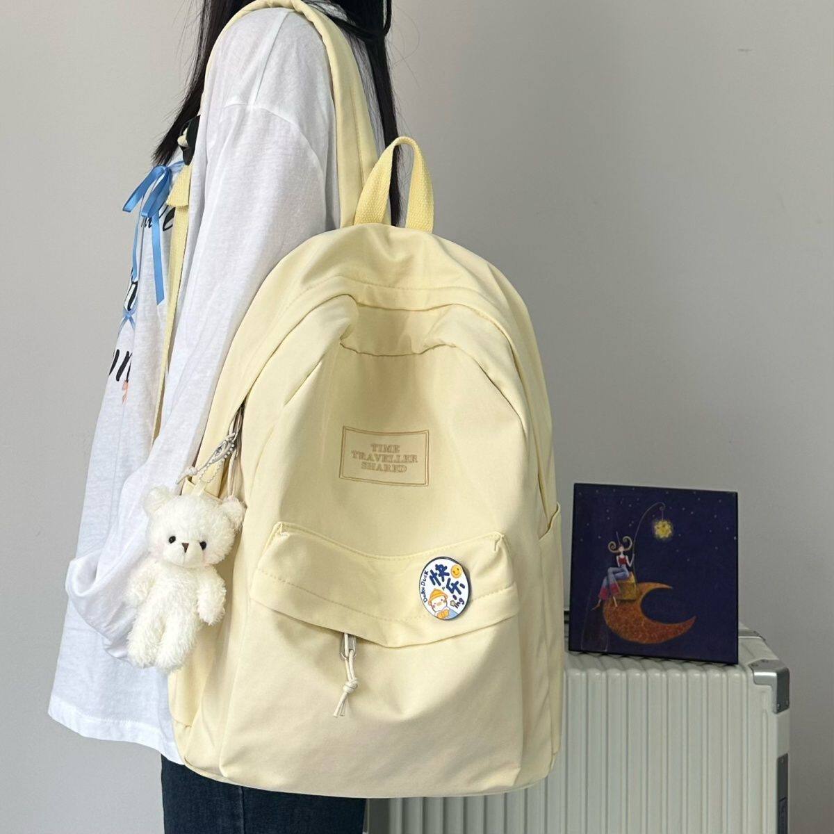 ins韩版日系简约纯色书包大容量大学生双肩包校园女生背包百搭