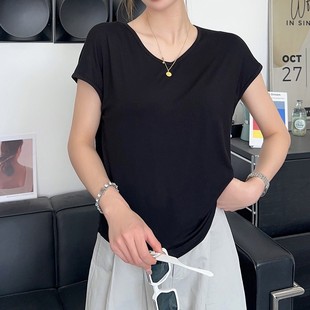 T恤纯色薄款 夏季 百搭大码 爆款 简约显瘦弹力女士休闲 比特棉V领时尚