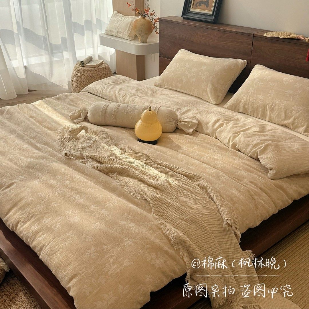 秋冬棉麻四件套A类色织三层立体提花四件套床上用品柔软亲肤