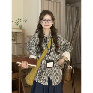 盐系小众设计感绑带女 小红书同款 春季 黑色格子polo领花边衬衫
