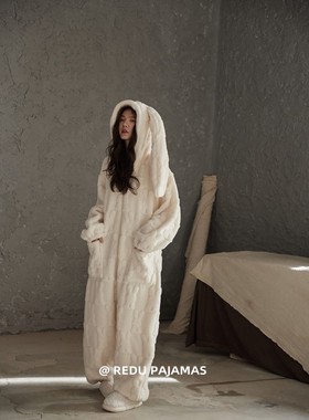 【正常发货】热妒连体睡衣女冬季加绒加厚珊瑚绒可爱连帽家居服套