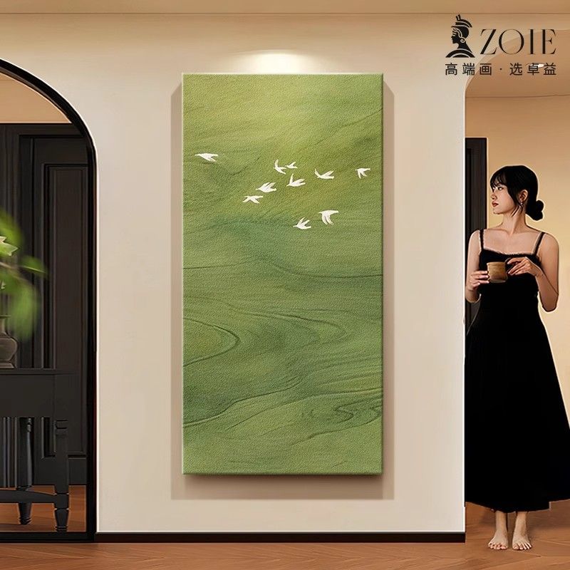 立体砂岩入户玄关装饰画中古风绿色飞鸟走廊过道挂画复古墙面壁画图片