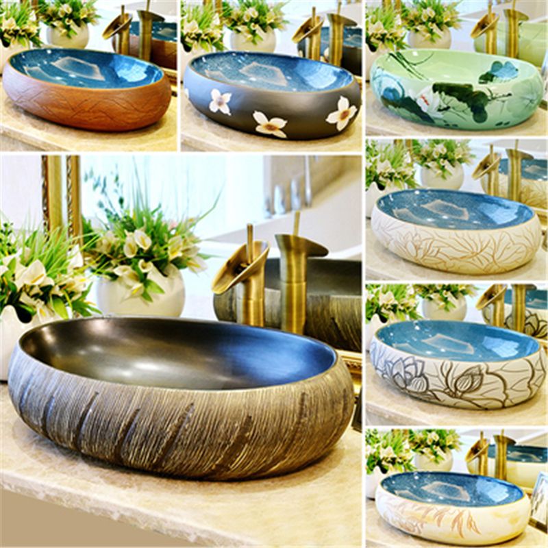 陶瓷台上盆椭圆形复古洗手盆家用洗脸盆卫生间洗漱盆欧式艺术面盆