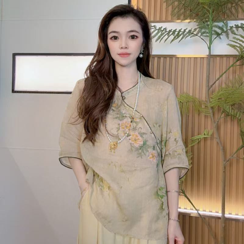 新中式麻纱刺绣圆领碎花衬衫夏季显瘦古风宽松上衣芯芯大码