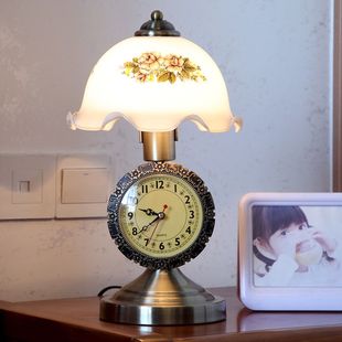 欧式复古台灯温馨客厅卧室床头新中式古典带钟表调光玻璃装饰灯具