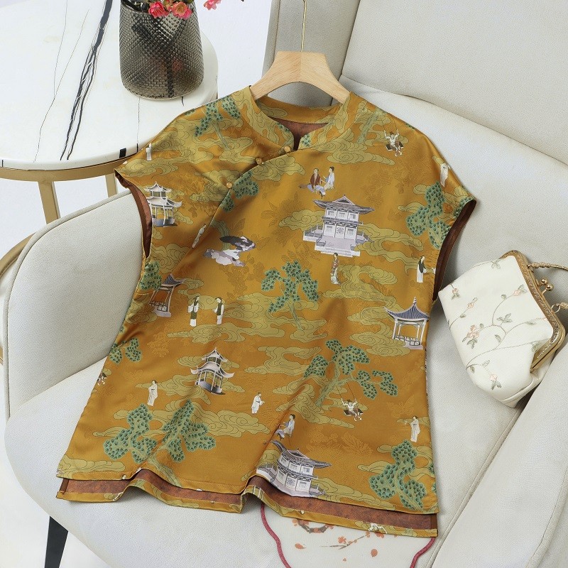 斜襟提花印花上衣高品质印花葫芦衬衫中国风新中式夏季立领女装