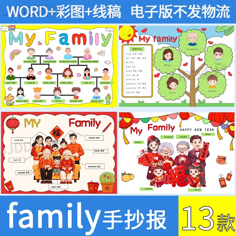 .英语全家福my family英语手抄报模板电子版家谱family tree家庭