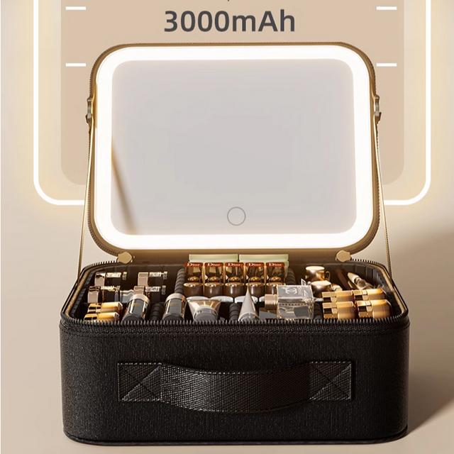 化妆包带镜子带灯充电款pu皮革外贸旅行化妆箱收纳盒隔板爆款ins