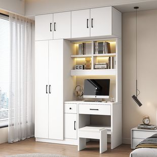 实木衣柜家用卧室带书桌一体组合小户型学生学习电脑桌连体衣橱