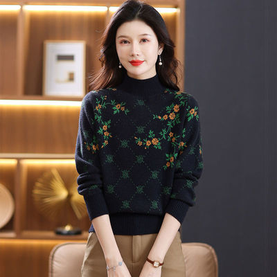 秋冬季绣花半高领提花羊毛衫女新款洋气宽松针织衫加厚毛衣外穿