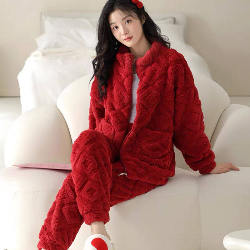 珊瑚绒睡衣女秋冬季加厚加绒可爱韩版法兰绒休闲家居服套装可外穿