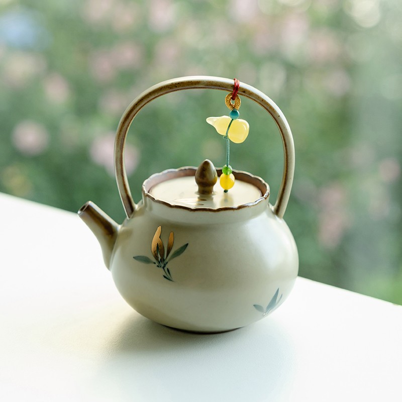 德白仿古描金纯手绘蝴蝶兰花岚风提梁壶茶壶泡茶家用陶瓷功夫茶具