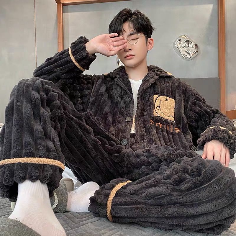 珊瑚绒睡衣男士秋冬款冬季加厚加绒保暖冬天青年大码家居服套装