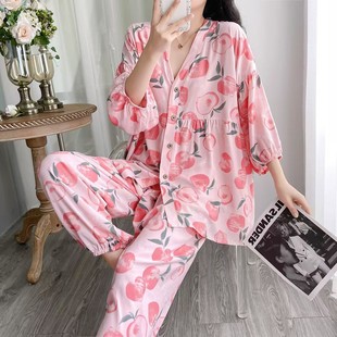 棉绸舒服 印花睡衣休闲两件套青岛 女士家居服套装 女宽松舒适时尚