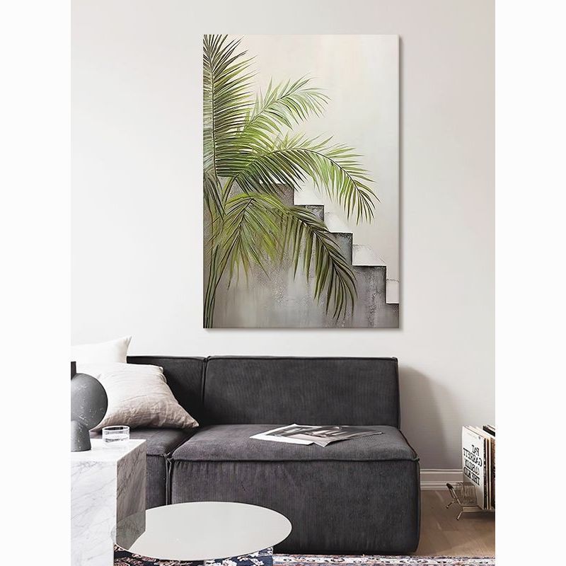 天堂鸟绿色植物手绘油画现代楼梯转角装饰画客厅入户玄关肌理挂画图片