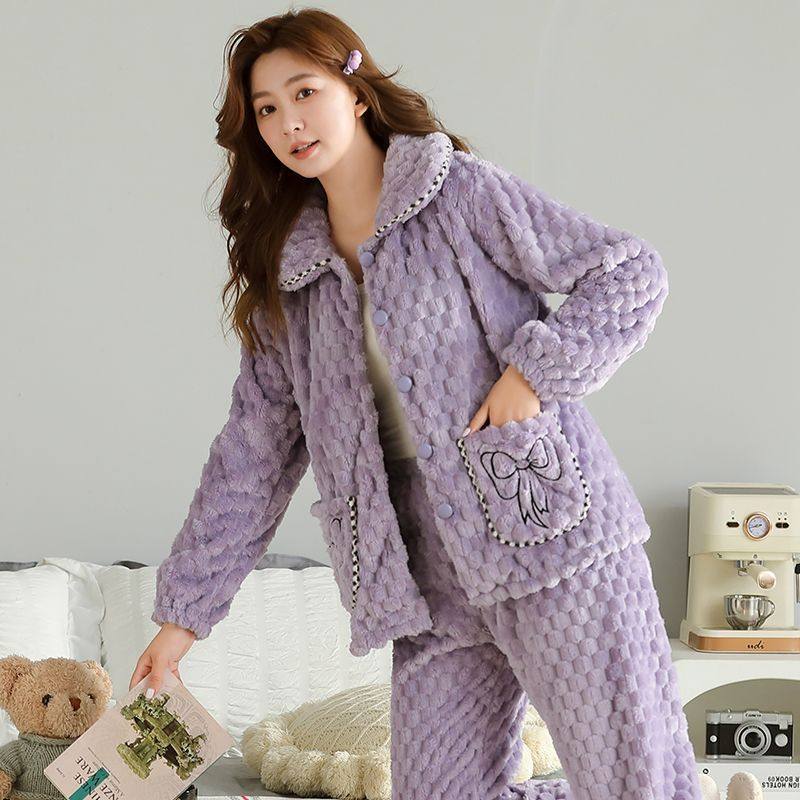 睡衣女秋冬珊瑚绒加厚加绒冬季保暖法兰绒女士大码开衫冬天家居服