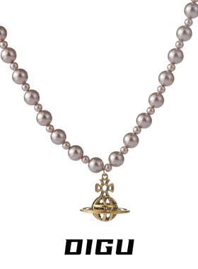 嘀咕家 铜合金仿珍珠项链 复古土星吊坠珍珠项链气质锁骨链颈链
