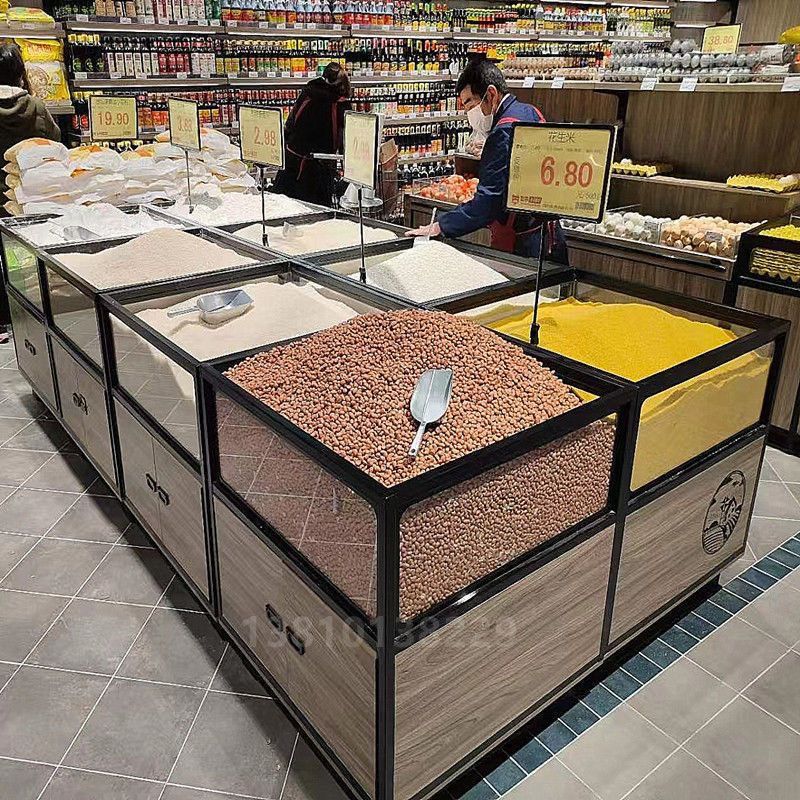 超市散粮米都杂粮干货柜木质瓜子干果柜散装大米展示架玻璃定制