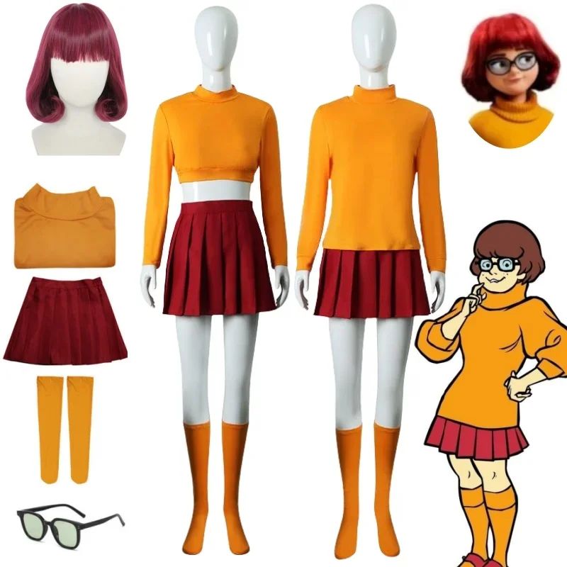 Anime Velma Seragam Cosplay Kostum Orange jupe courte unifor