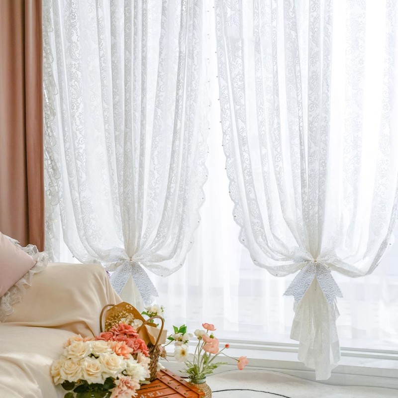 【魔术贴款】法式珍珠纱帘飘窗帘免打孔蕾丝窗帘纱帘门帘隔断帘子