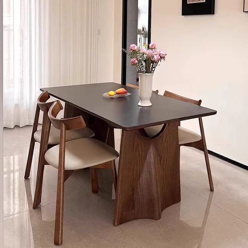 复古黑色岩板餐桌小户型现代简约中古风长方形家用胡桃色实木餐桌