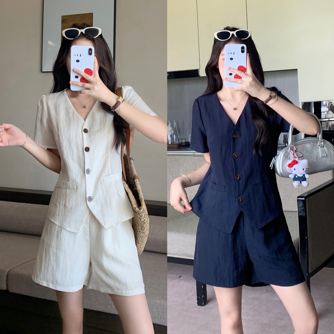 大码女装2025夏季新款休闲风街头时尚单排扣短袖短裤两件套装2117