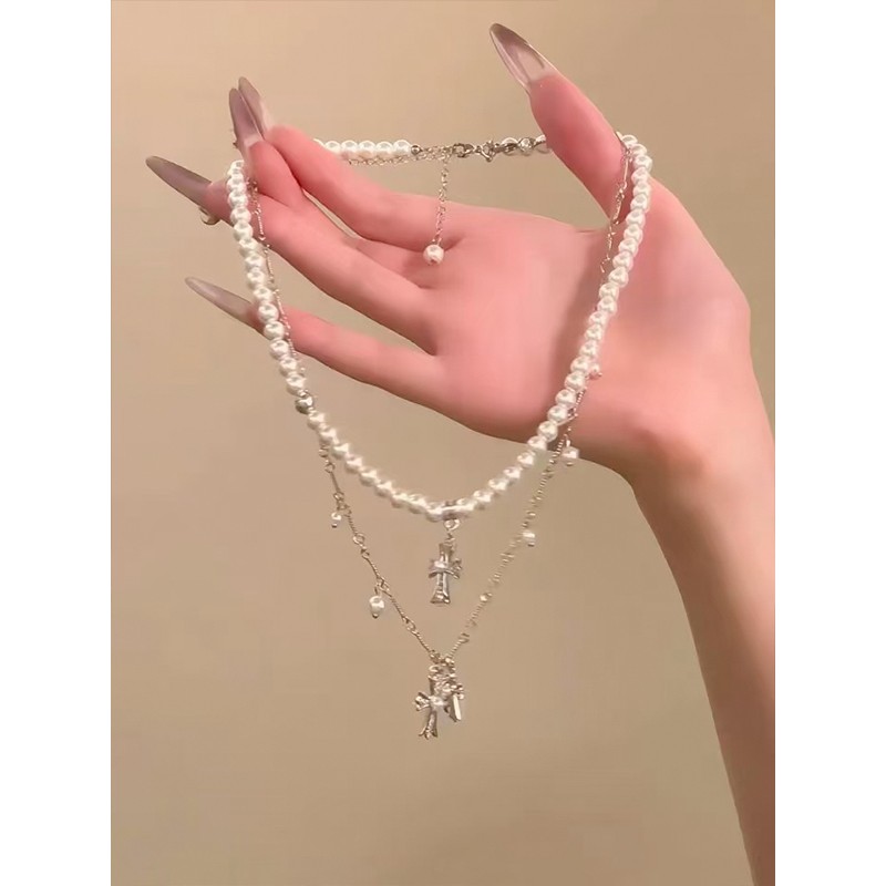 合金项链甜酷辣妹风珍珠十字架项链女高级感双层叠戴choker气质梦