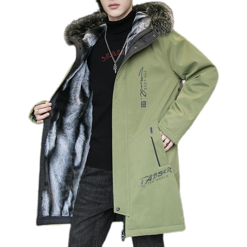 冬季男士中长款棉衣加绒加厚大毛领派克服潮流帅气连帽棉服外套男