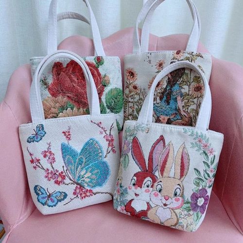 双面刺绣帆布包手提包手拎外出百搭精致化妆包手机包上班小拎包