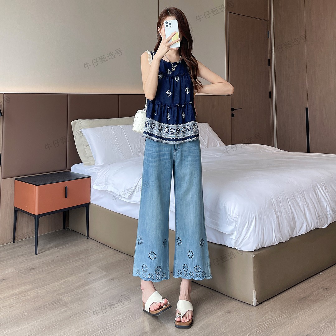 天丝刺绣破洞牛仔裤女夏季薄款小个子九分阔腿裤莱赛尔宽松裤子潮