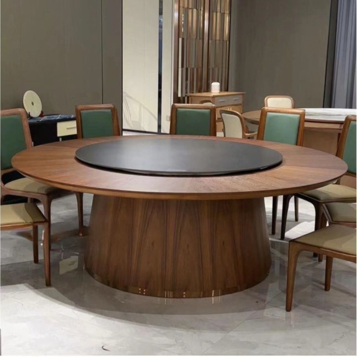 新中式酒店大圆桌电动实木餐桌带岩板转盘15人20人饭店餐厅家用桌