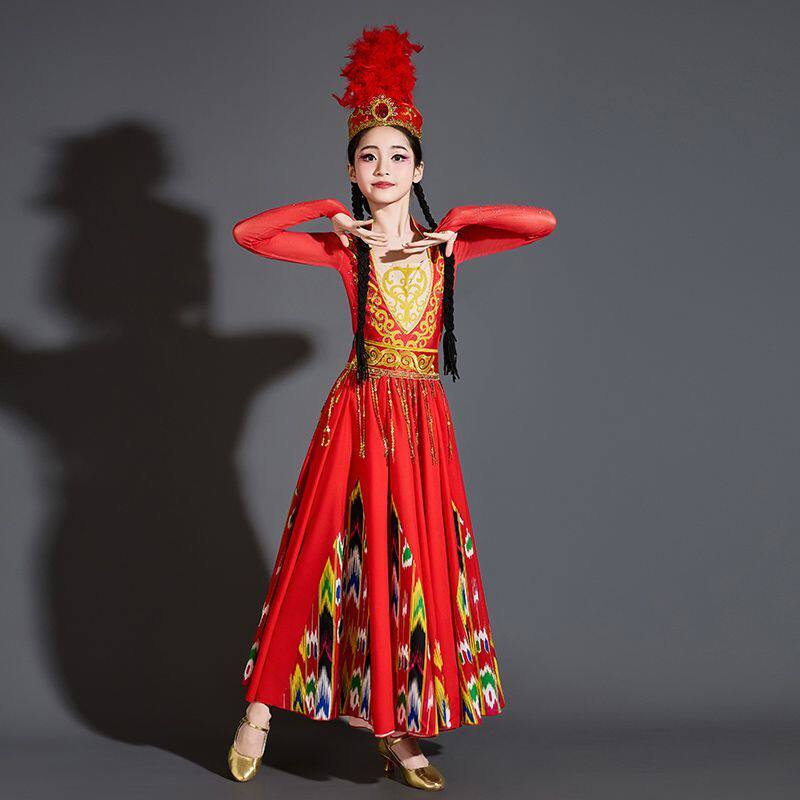 儿童新疆舞蹈演出服女童维吾尔族少儿民族服装维族裙子古丽舞蹈服