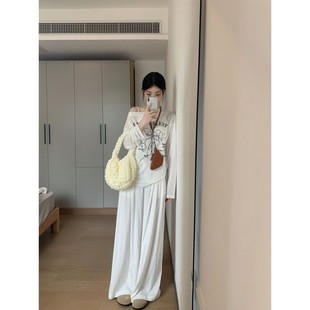 气质抽绳上衣 长袖 防晒罩衫 极简慵懒风露肩t恤女百搭印花夏季 时尚