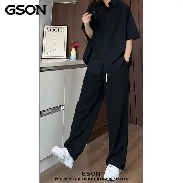 GSON美式高街冰丝速干套装男夏季薄款搭配帅气痞帅垂感衬衫两件套