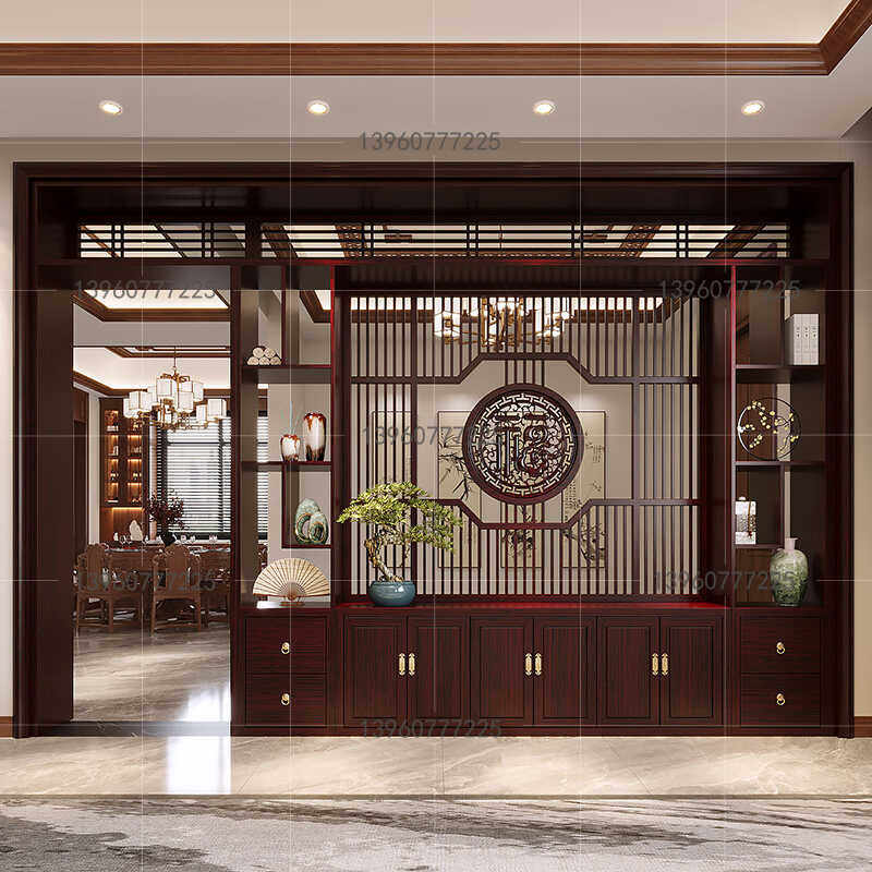 新中式乌金木入户月洞门屏风柜玄关博古架客餐厅拱门家用隔断实木