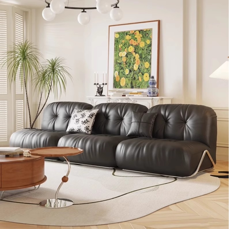 法式复古风赫本设计师西多士模块沙发黑色皮艺拉扣轻奢小户型沙发