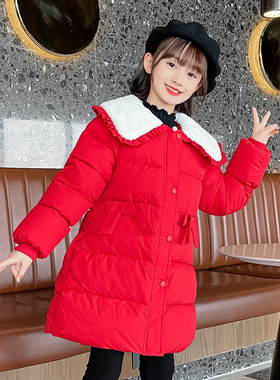 女童中长版棉衣红色棉服过年服加厚保暖外套中大童女孩时尚喜庆潮