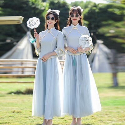 伴娘服中式姐妹团裙2024新款长袖国风大码伴娘裙装婚礼服女小个子
